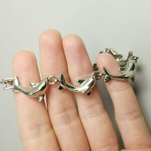 Vintage Dolphin Link Chain Bracelet, Silver Tone, 7 1/2 Inches Long, 90s Style